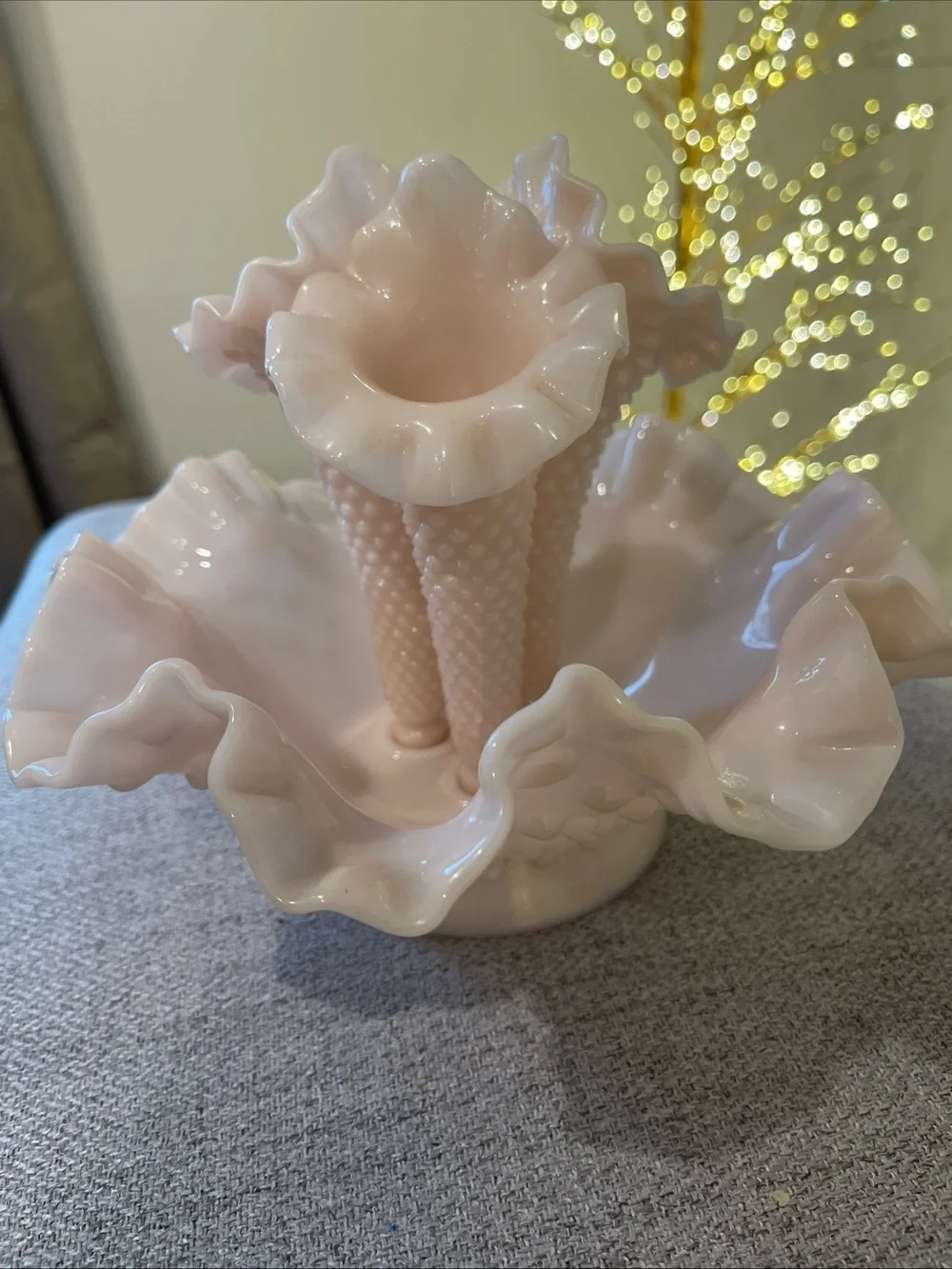 Fenton Hobnail Triple Epergne Vase in Pink Milk Glass - Picture 3 of 10